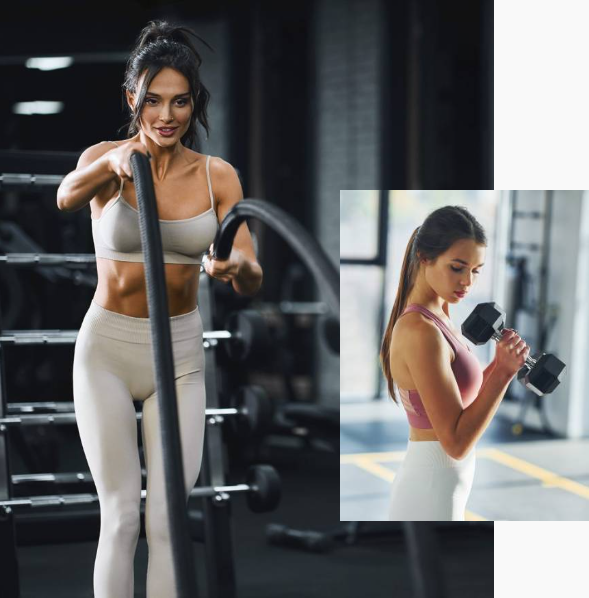 A woman in athletic wear exercises in a gym, using battle ropes with determination, showcasing strength and focus.